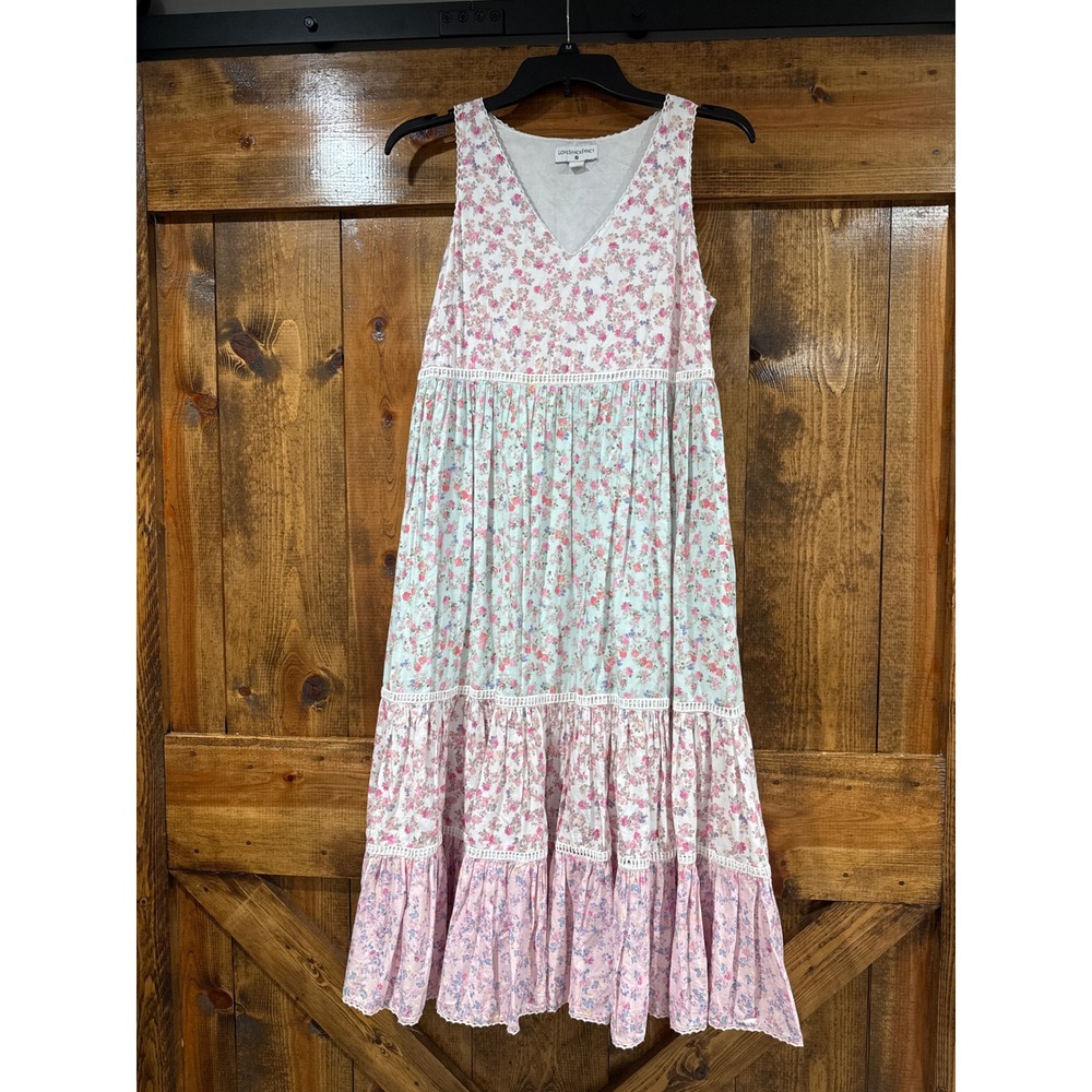 LoveShackFancy Target Floral Tiered Dress XS Pink Blue Cotton Lace Trim Pocket